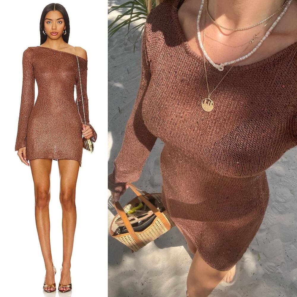 Asta Resort | Maya Sleeve Mini Dress in Chocolate Sequin Sheer Knit L